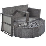 2-Piece All-Weather Wicker Conversation Set Rattan Sofa Set Outdoor Patio Half-moon Sectional Furniture Set w/ Side Table for Umbrella, Gray Rattan+Gray Cushion
