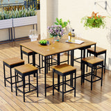 GO 10-Piece Outdoor Patio Wicker Bar Set, Garden PE Rattan Wicker Dining Table, Square Stool Set, Foldable Tabletop, Acacia Wood Tabletop, High-Dining Bistro Set with 8 Stools And 2 Wood Table, Brown