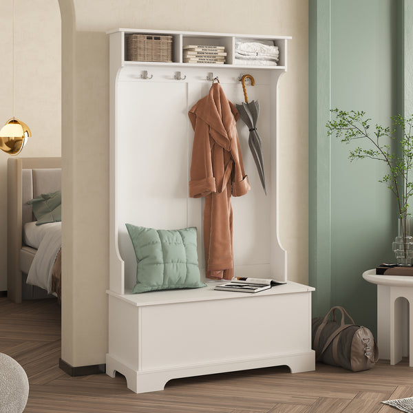 Hall Tree with 4 Hooks and Hinged Lid, Coat Hanger, Entryway Bench, Storage Bench