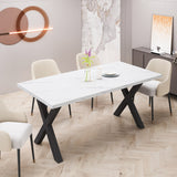 70.87"Modern Square Dining Table with Printed White Marble Table Top+Black X-Shape Table Leg