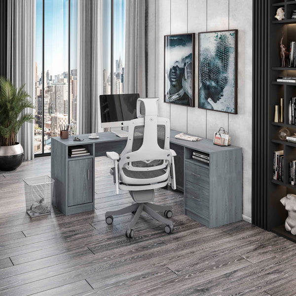 Grey Functional L-Shape Desk with Storage