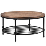 Rustic Natural Round Coffee Table with Storage Shelf