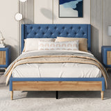 Upholstered Platform Bed with Rubber Wood Legs,No Box Spring Needed, Linen Fabric,Full Size-Blue
