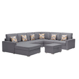 Gray Linen Fabric 7Pc Reversible Chaise Sectional Sofa with Interchangeable Legs, Pillows and Storage Ottoman