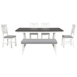 6-Piece Wooden Dining Table Set, Farmhouse Rectangular Dining Table, Four Chairs with Exquisitely Designed Hollow Chair Back and Bench for Home Dining Room