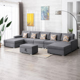 Gray Linen Fabric 6Pc Double Chaise Sectional Sofa with Interchangeable Legs, Storage Ottoman, and Pillows