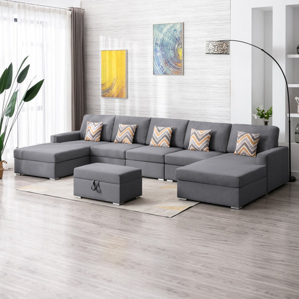 Gray Linen Fabric 6Pc Double Chaise Sectional Sofa with Interchangeable Legs, Storage Ottoman, and Pillows
