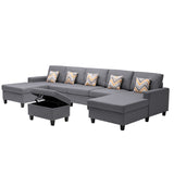 Gray Linen Fabric 6Pc Double Chaise Sectional Sofa with Interchangeable Legs, Storage Ottoman, and Pillows