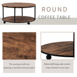 ON-TREND Round Coffee Table with Caster Wheels and Wood Textured Surface