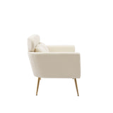 Beige Loveseat Small Sofa, With 2 Throw Pillows, Gold Metal Legs