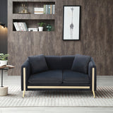 Modern Black Velvet Loveseat Sofa, Side Pocket Mid-Century Tufted, Gold Metal Legs
