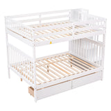 Full Over Full Bunk Bed with 2 Drawers and Staircases, Convertible into 2 Beds