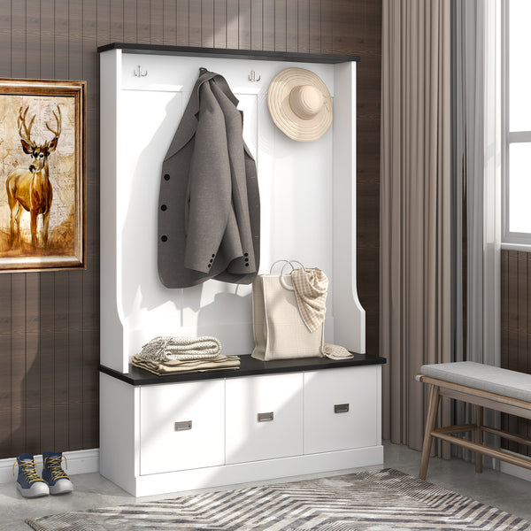 Two-tone Hall Tree with 4 Hooks and 3 Large Drawers, Coat Hanger, Entryway Bench, Storage Bench