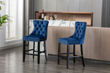 Contemporary Velvet Upholstered Barstools with Button Tufted Decoration and Wooden Legs, and Chrome Nailhead Trim, Leisure Style Bar Chairs,Bar stools, Set of 2 (Blue)