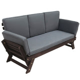 Outdoor Adjustable Patio Wooden Daybed Sofa Chaise Lounge with Cushions for Small Places, Brown Finish+Gray Cushion