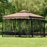 Outdoor Iron Vented Dome Top Patio Gazebo with Netting for Backyard, Poolside and Deck, Brown