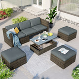 Patio Furniture Sets, 5-Piece Patio Wicker Sofa with Adjustable Backrest, Cushions, Ottomans and Lift Top Coffee Table