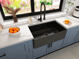 Matt Black Fireclay Farmhouse Kitchen Sink 33 inch Single Bowl Apron Sink with Bottom Grid in & Drain , Black Color