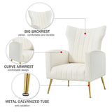 Modern Velvet Accent Chair with Arms, Wingback Reading Chair with Gold Metal Legs, Comfy Upholstered Single Leisure Sofa for Living Room Bedroom Club(Velvet+White)