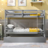 Twin Over Twin Bunk Beds with Trundle, Solid Wood Trundle Bed Frame with Safety Rail and Ladder, Kids/Teens Bedroom, Guest Room Furniture, Can Be converted into 2 Beds