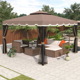 Outdoor Iron Vented Dome Top Patio Gazebo with Netting for Backyard, Poolside and Deck, Brown