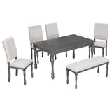 6-Piece Wood Dining Table Set Rectangular Table with Turned Legs, 4 Upholstered Chairs and Bench for Dining Room