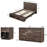 King 3 Piece Walnut Bedroom Set Platform Bed with Storage Bench with Nightstand and 9-Drawer Dresser