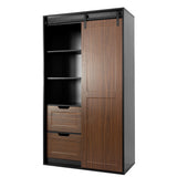 71-inch High wardrobe and cabinet , Clothes Locker，classic sliding barn door armoire, lockers, for bedrooms, cloakrooms, living rooms, color: black +brown