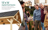 Large wood pergola, 13x16 FT Solid Wood Gazebo with Waterproof Asphalt Roof, Outdoor Permanent Hardtop Gazebo Canopy for Patio, Garden, Backyard