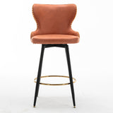 A&A Furniture,29" Modern Leathaire Fabric bar chairs,180° Swivel Bar Stool Chair for Kitchen,Tufted Gold Nailhead Trim Gold Decoration Bar Stools with Metal Legs,Set of 2 (Orange)