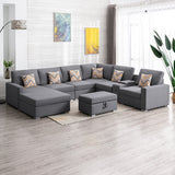 Gray Linen Fabric 8Pc Reversible Chaise Sectional Sofa with Interchangeable Legs, Pillows, Storage Ottoman, and a USB, Charging Ports, Cupholders, Storage Console Table
