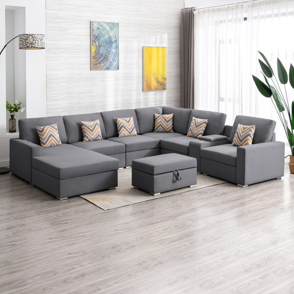 Gray Linen Fabric 8Pc Reversible Chaise Sectional Sofa with Interchangeable Legs, Pillows, Storage Ottoman, and a USB, Charging Ports, Cupholders, Storage Console Table