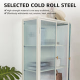 WHITE Tall Freestanding Display Cupboard Stylish Fluted Glass Storage Cabinet with Glass Doors Three Detachable Shelves Bottom Space for Office Dining Room Living Room Bedside Entryway