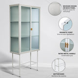WHITE Tall Freestanding Display Cupboard Stylish Fluted Glass Storage Cabinet with Glass Doors Three Detachable Shelves Bottom Space for Office Dining Room Living Room Bedside Entryway