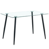 Modern Minimalist Rectangular Glass Dining Table for 4-6 with 0.31" Tempered Glass Tabletop and Black Coating Metal Legs, Writing Table Desk, for Kitchen Dining Living Room, 47" W x 31"D x 30" H