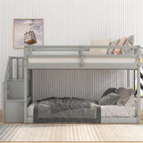 Twin over Twin Floor Bunk Bed, Ladder with Storage, Gray