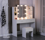 Large Vanity Desk with Mirror and Lights, Makeup Vanity Table with 10 Light Bulbs, 2 Drawers, 6 Storage Shelves & Cushioned Stool, Makeup Vanity with Lights for Bedroom, White