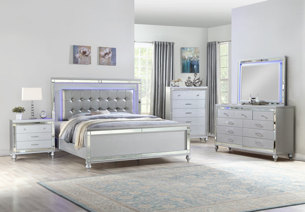 Queen 5 Piece LED Bedroom set made with wood in Silver Color