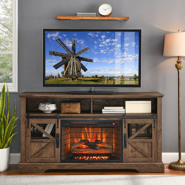 60 Inch Electric Fireplace  Entertainment Center With Door Sensor-Reclaimed Barnwood Color