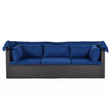 Outdoor Patio Daybed with Retractable Canopy. Wicker Furniture Sectional Seating with Washable Cushions, Backyard, Porch
