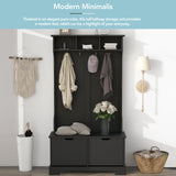All in One Hall Tree with 3 Top Shelves and 2 Flip Shoe Storage Drawers, Wood Hallway Organizer with Storage Bench and Metal Hanging Hooks