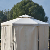 Outdoor Patio Hexagon Gazebo with Polyester Curtain Side Wall, Double Roofs for Decks, Poolsides, Gardens, Beige