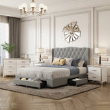 Queen 4-Piece Bedroom Set with Three Drawers, High Gloss Mirrored Nightstands and Dresser
