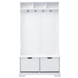All in One Hall Tree with 3 Top Shelves and 2 Flip Shoe Storage Drawers, Wood Hallway Organizer with Storage Bench and Metal Hanging Hooks, White