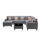Gray Linen Fabric 8Pc Reversible Chaise Sectional Sofa with Interchangeable Legs, Pillows, Storage Ottoman, and a USB, Charging Ports, Cupholders, Storage Console Table