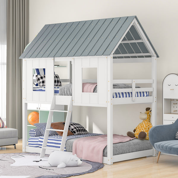 Twin over Twin Size Low Bunk Beds with Roof
