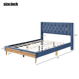 Upholstered Platform Bed with Rubber Wood Legs,No Box Spring Needed, Linen Fabric,Full Size-Blue