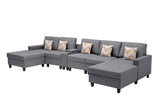 Gray Linen Fabric 6Pc Double Chaise Sectional Sofa with Interchangeable Legs, a USB, Charging Ports, Cupholders, Storage Console Table and Pillows