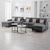 Gray Linen Fabric 6Pc Double Chaise Sectional Sofa with Interchangeable Legs, a USB, Charging Ports, Cupholders, Storage Console Table and Pillows