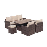 6-Piece Outdoor PE Rattan Sofa Set Patio Garden Wicker Dining and Coffee Sofa-Dark Brown